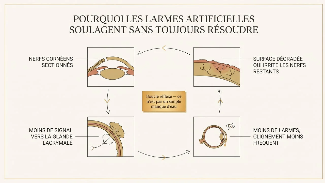Schéma de la boucle réflexe entre section des nerfs cornéens, baisse de sécrétion lacrymale et dégradation de la surface oculaire après un LASIK