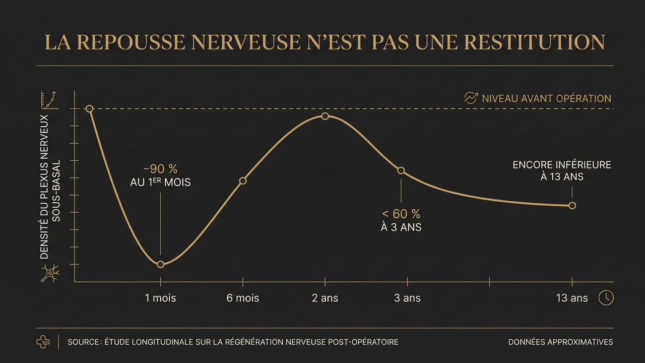 Graphique montrant l'évolution de la densité du plexus nerveux sous-basal de la cornée après un LASIK : chute de plus de 90 % au premier mois, récupération apparente à deux ans puis nouvelle baisse persistante