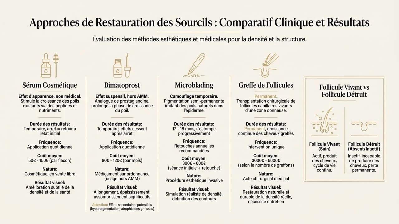 Infographie comparant sérum cosmétique, bimatoprost, microblading et greffe selon l'état du follicule et la durabilité.