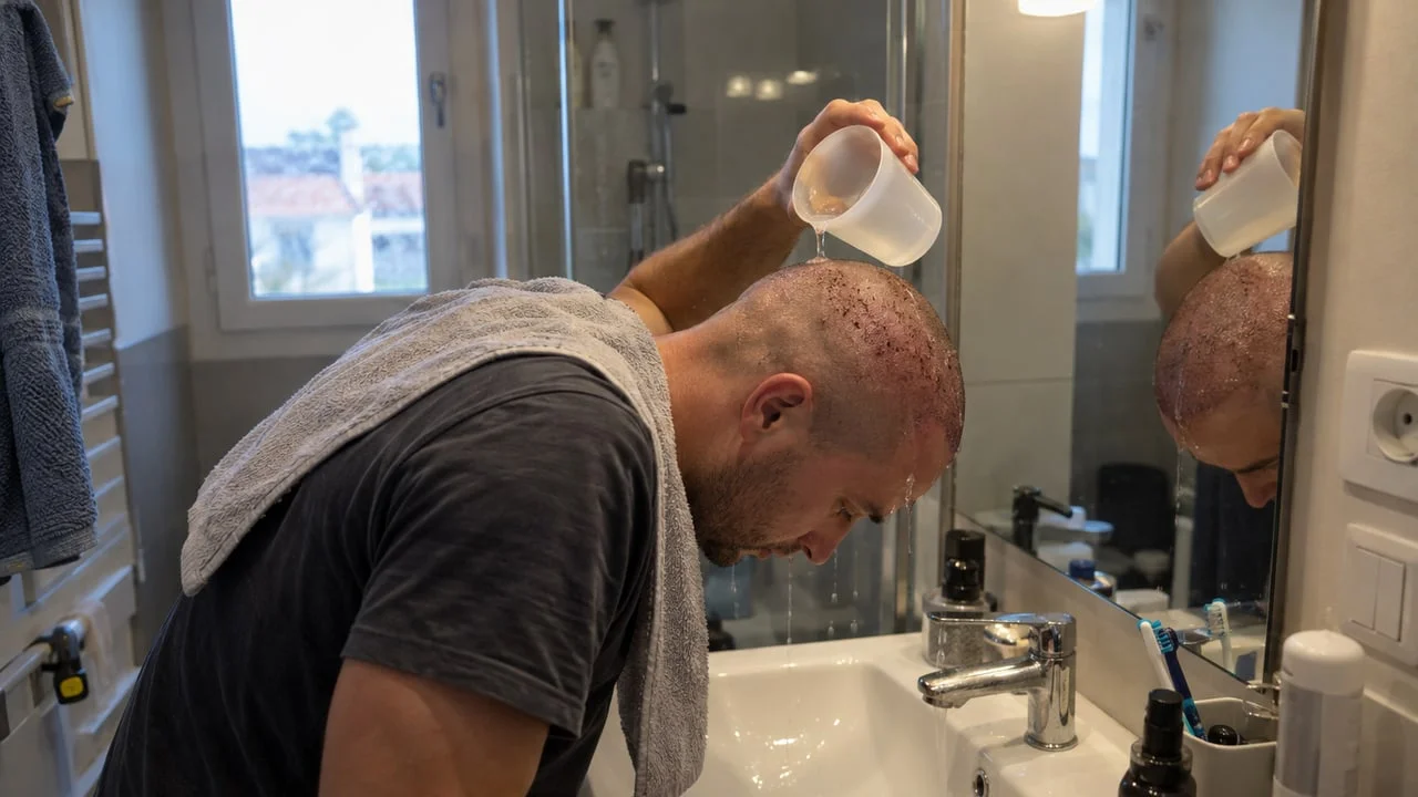 Premier lavage après une greffe de cheveux : l'eau versée au gobelet évite toute pression mécanique sur la zone greffée, contrairement au jet de douchette