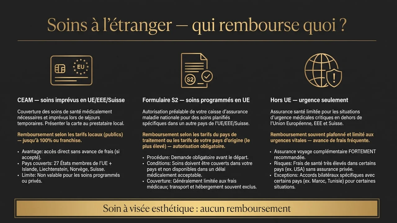 Infographie récapitulant les trois dispositifs de remboursement des soins à l'étranger : CEAM pour les soins imprévus en Europe, formulaire S2 pour les soins programmés dans l'UE, et prise en charge exceptionnelle hors UE limitée à l'urgence