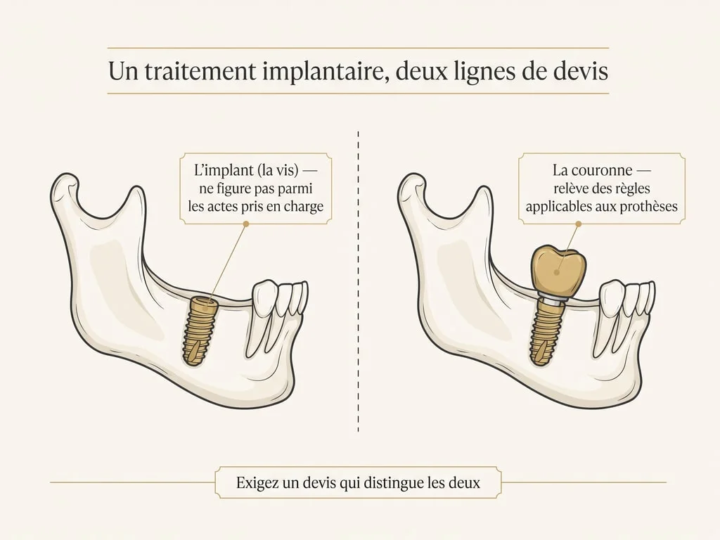 Schéma d'un traitement implantaire distinguant l'implant, la vis insérée dans l'os qui ne figure pas parmi les actes pris en charge, et la couronne posée dessus, qui relève des règles applicables aux prothèses