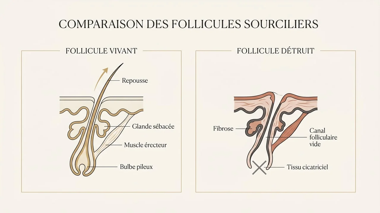 Schéma comparant un follicule de sourcil vivant qui repousse à un follicule détruit cicatriciel sans repousse.