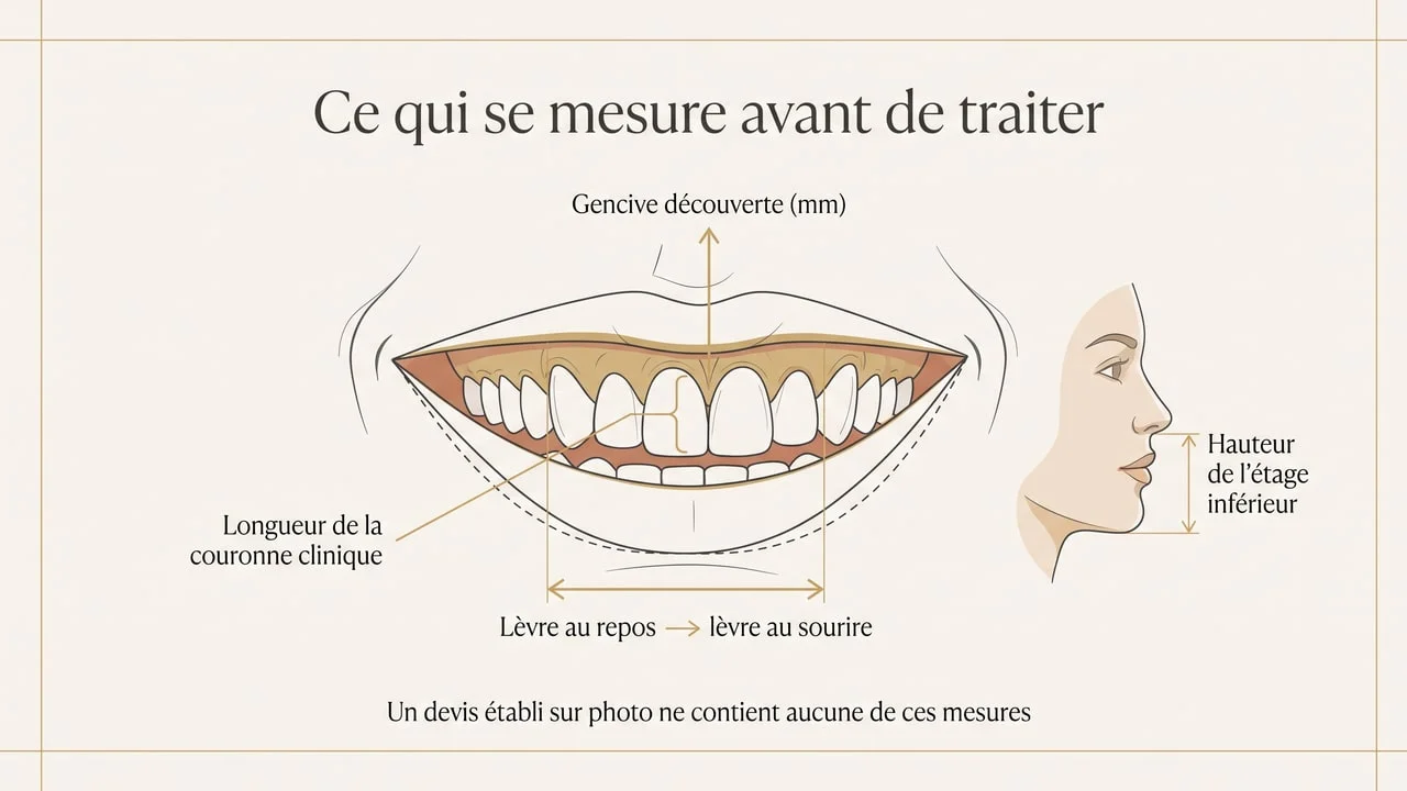 Schéma des mesures cliniques permettant d'identifier la cause d'un sourire gingival : gencive découverte, longueur de couronne clinique, mobilité labiale et hauteur de l'étage inférieur du visage