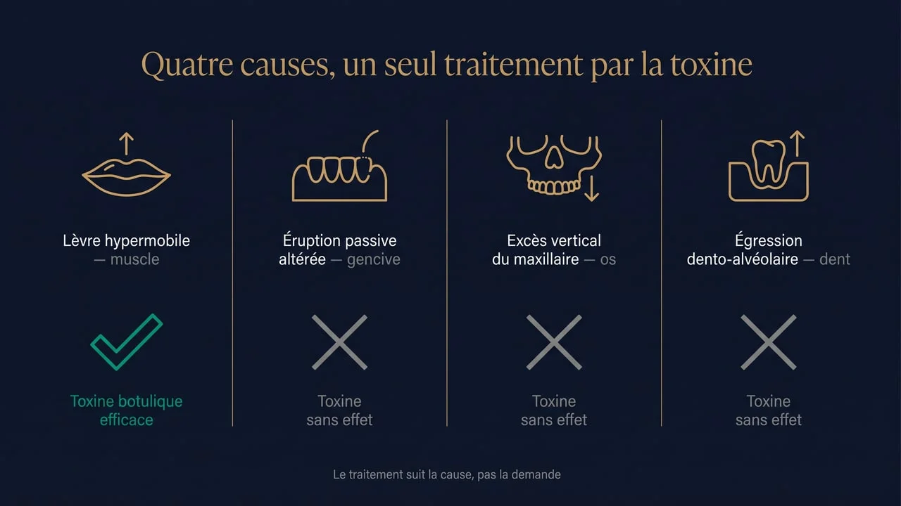 Infographie montrant les quatre causes possibles d'un sourire gingival et indiquant que la toxine botulique n'agit que sur la cause musculaire
