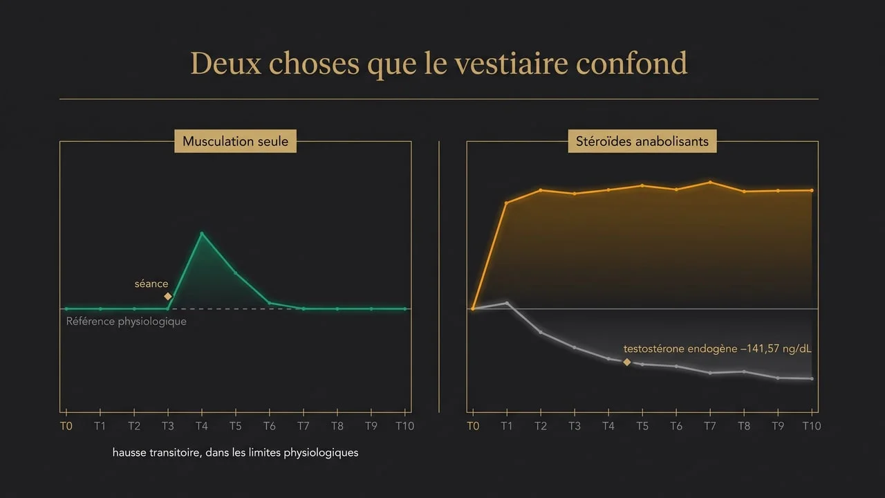 Infographie comparant la hausse transitoire de testostérone après une séance de musculation et le plateau supraphysiologique induit par les stéroïdes anabolisants