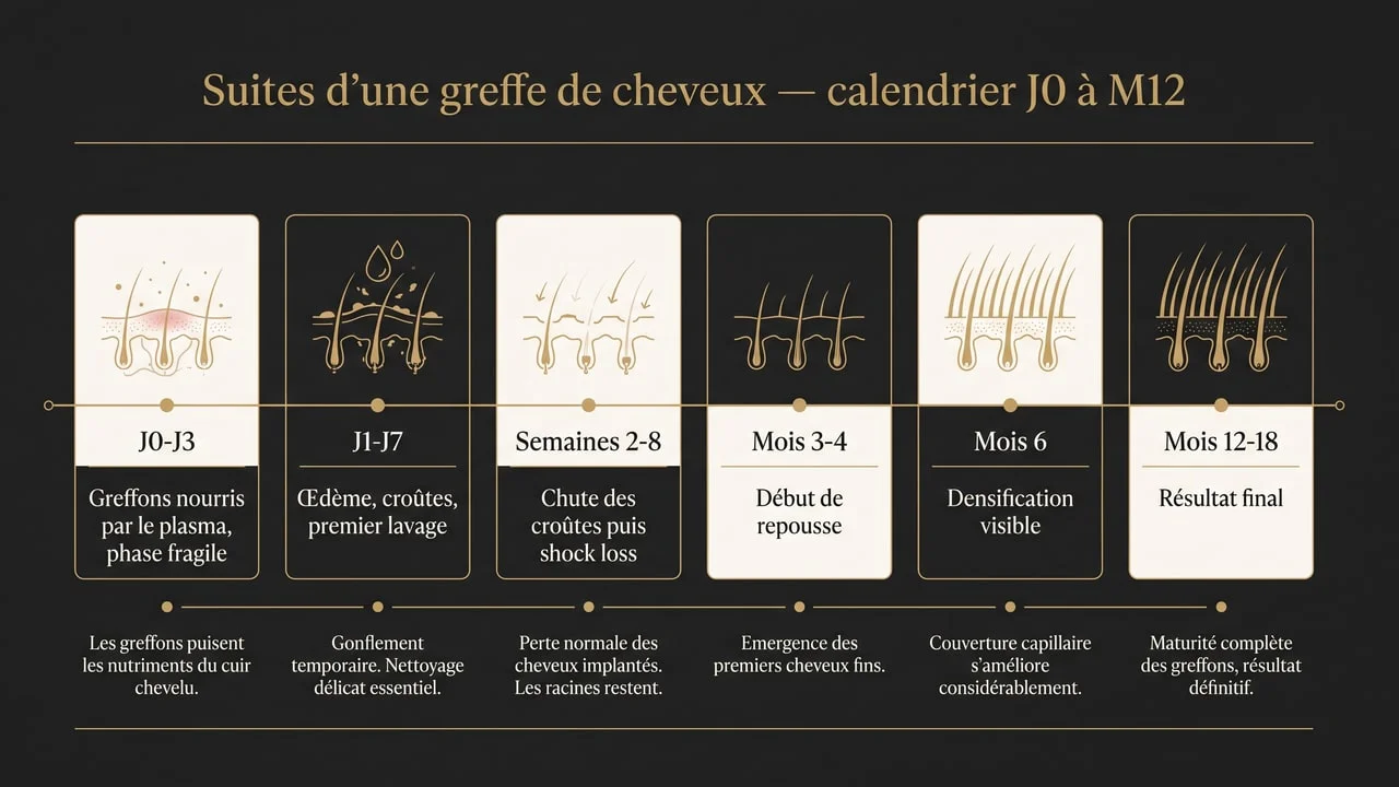 Suites post-opératoires d'une greffe de cheveux : le guide J0 à M12