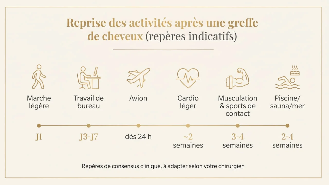 Frise des délais indicatifs de reprise des activités après une greffe de cheveux : marche, travail, avion, sport, piscine et sauna