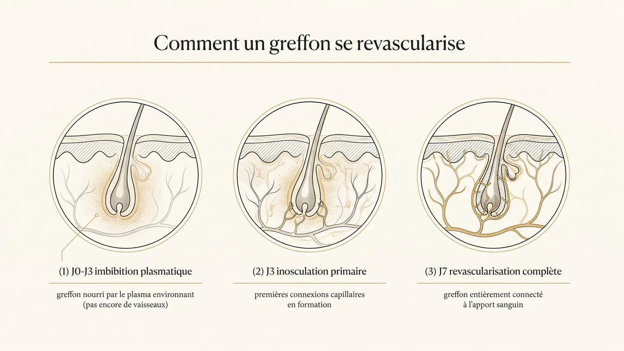 Schéma anatomique de la revascularisation d'un greffon : imbibition plasmatique J0-J3, inosculation J3, revascularisation complète J7