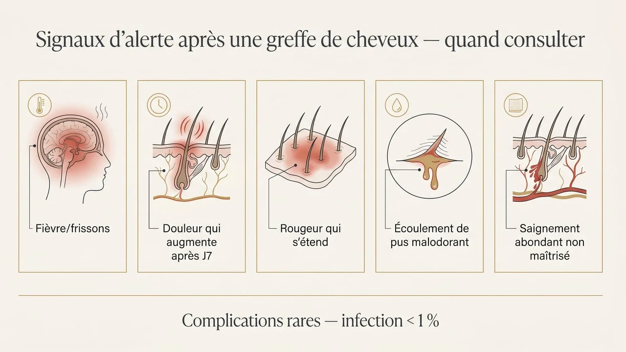 Schéma des signaux d'alerte après une greffe de cheveux justifiant une consultation : fièvre, douleur croissante, rougeur extensive, pus, saignement