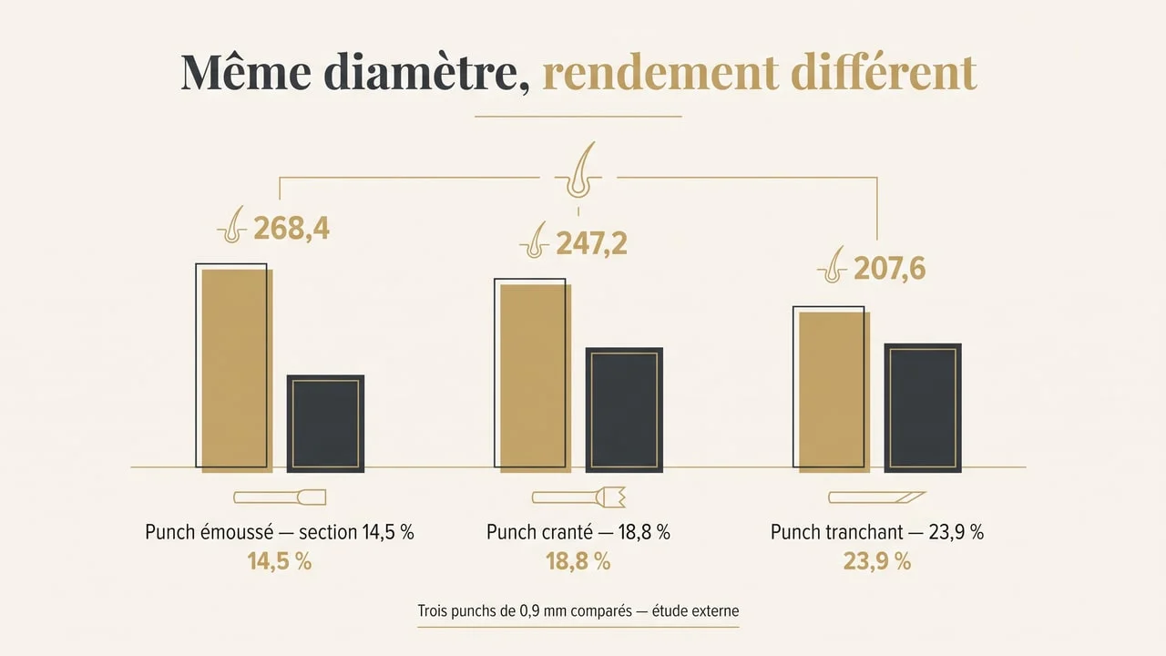 Infographie comparant trois punchs de 0,9 mm en FUE : taux de section de 14,5 % pour le punch émoussé, 18,8 % pour le cranté et 23,9 % pour le tranchant, avec des rendements en cheveux de 268,4, 247,2 et 207,6