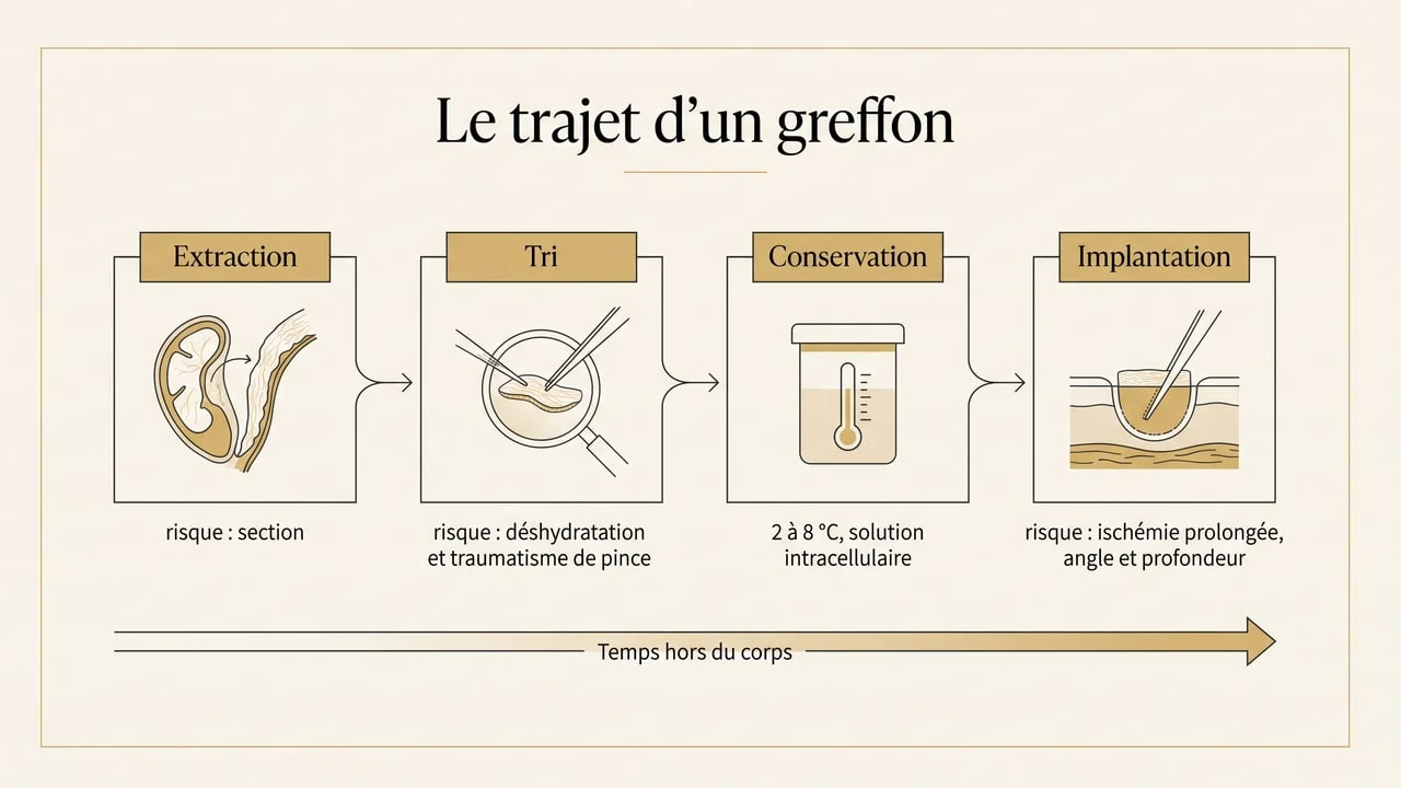 Schéma du trajet d'un greffon en quatre étapes — extraction, tri, conservation entre 2 et 8 °C, implantation — avec le risque propre à chaque étape et le temps hors du corps qui court sur l'ensemble de la chaîne
