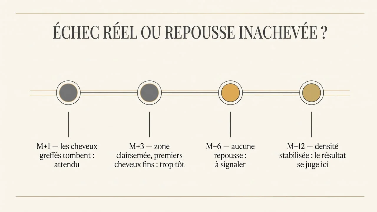 Schéma chronologique distinguant une repousse inachevée d'un échec réel : chute attendue à un mois, zone encore clairsemée à trois mois, absence de repousse à signaler à six mois, résultat jugé à douze mois