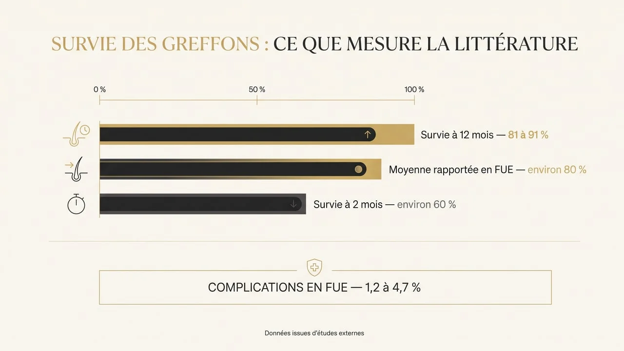 Infographie présentant les taux de survie des greffons rapportés par la littérature — 81 à 91 % à douze mois, environ 80 % en moyenne en FUE, environ 60 % à deux mois — et un taux de complications en FUE de 1,2 à 4,7 %