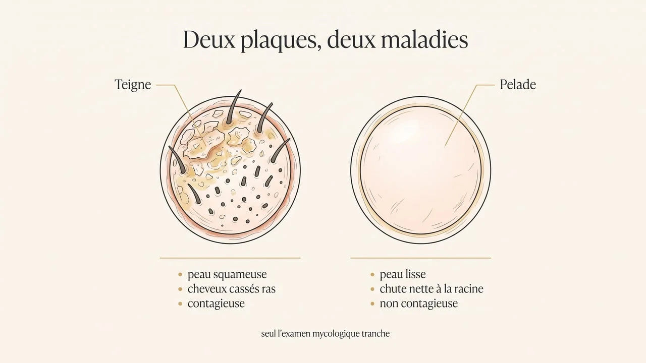 Schéma comparant l'aspect d'une plaque de teigne, squameuse avec cheveux cassés, et d'une plaque de pelade, à peau lisse