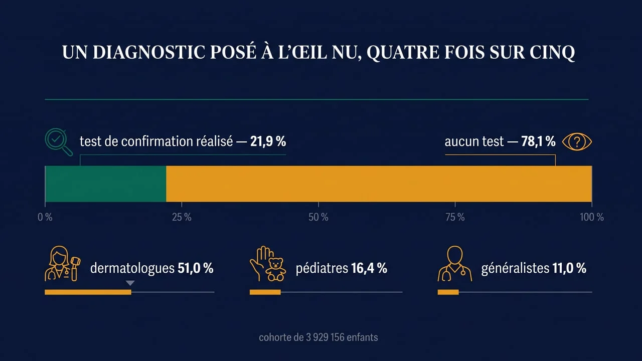 Infographie montrant que seuls 21,9 % des diagnostics de teigne sont confirmés par un test, avec le détail par spécialité