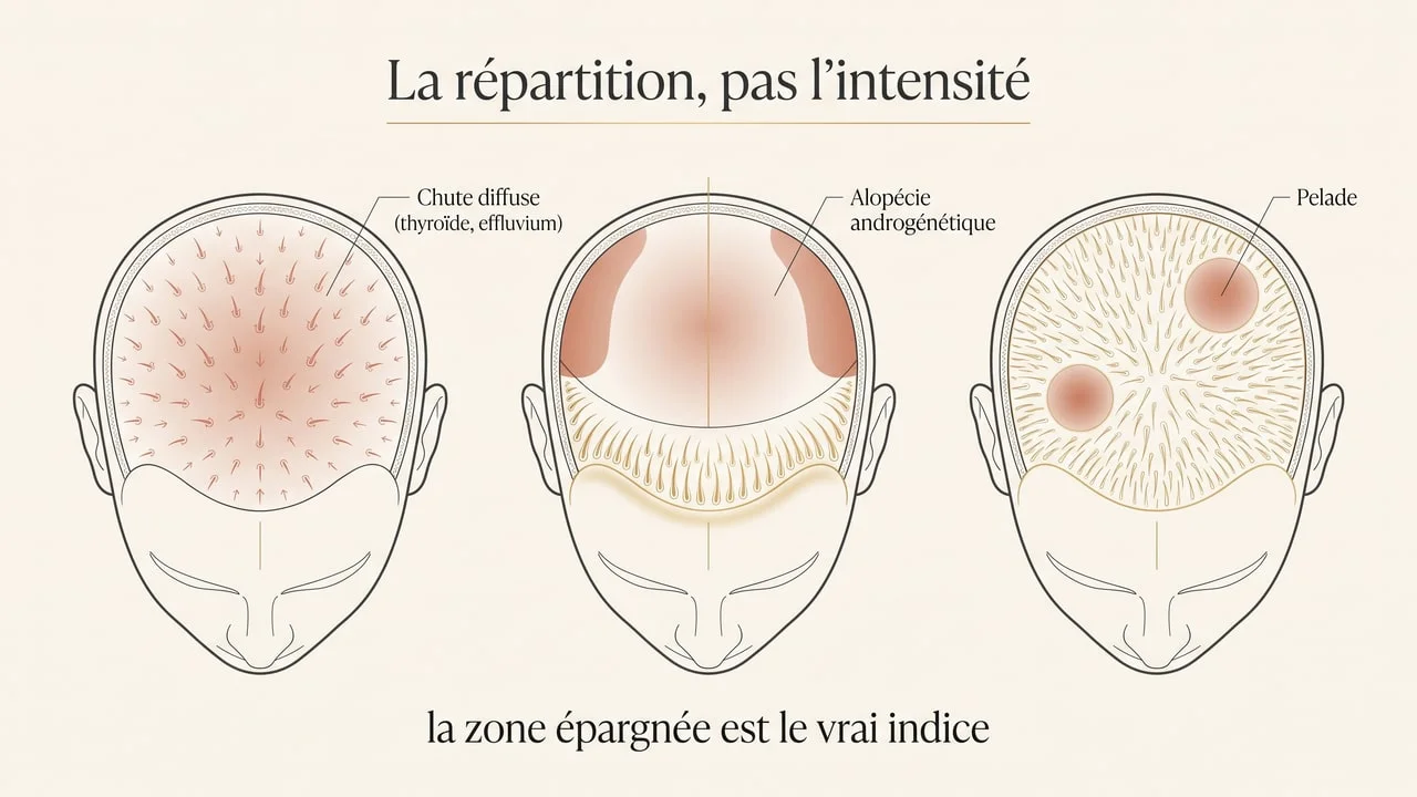 Schéma comparant la répartition d'une chute diffuse, d'une alopécie androgénétique et d'une pelade sur le cuir chevelu