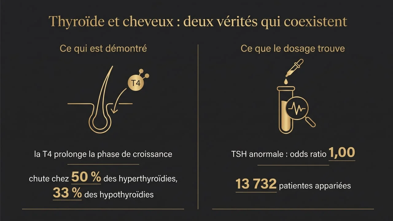 Infographie opposant l'action démontrée des hormones thyroïdiennes sur le follicule pileux et l'absence de rendement du dosage de TSH en cas de chute diffuse