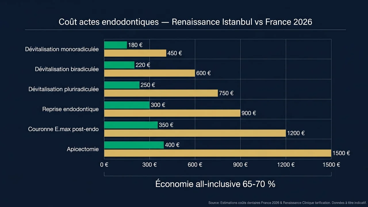 Comparaison tarifaire des actes endodontiques entre Renaissance Clinique Istanbul et la France en 2026