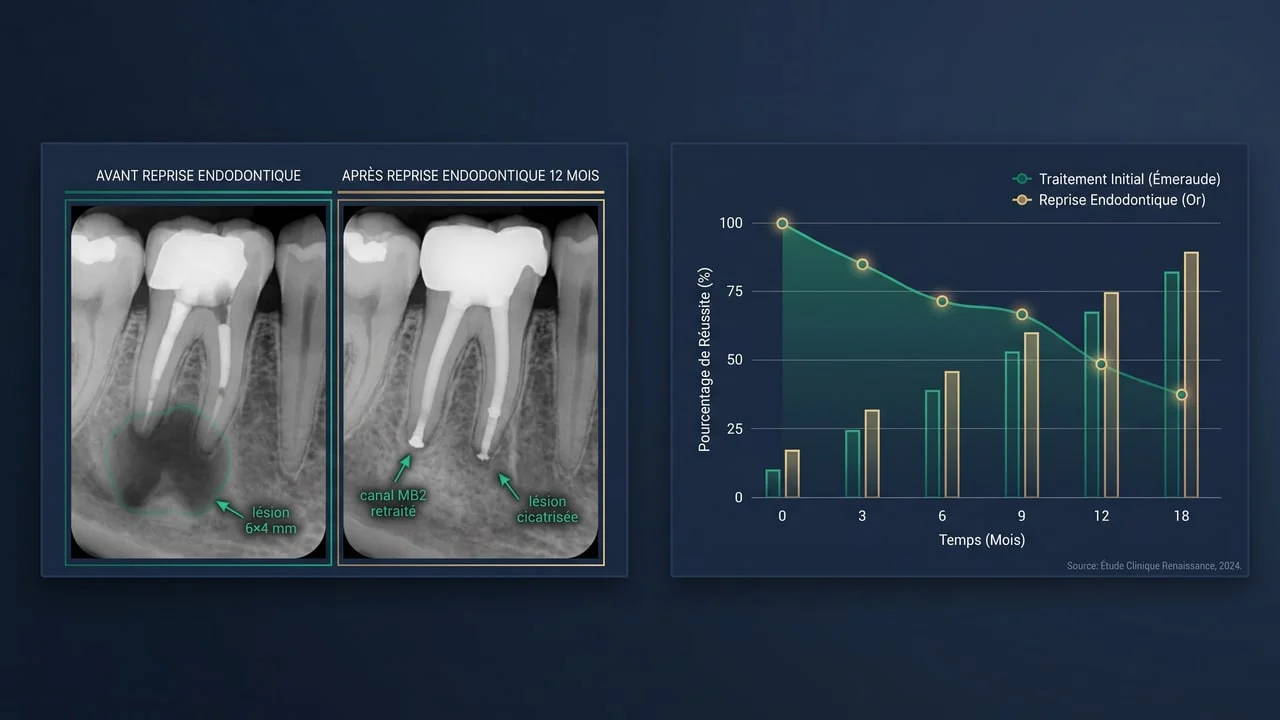 Comparaison radiologique avant et après reprise endodontique sur molaire mandibulaire à 12 mois