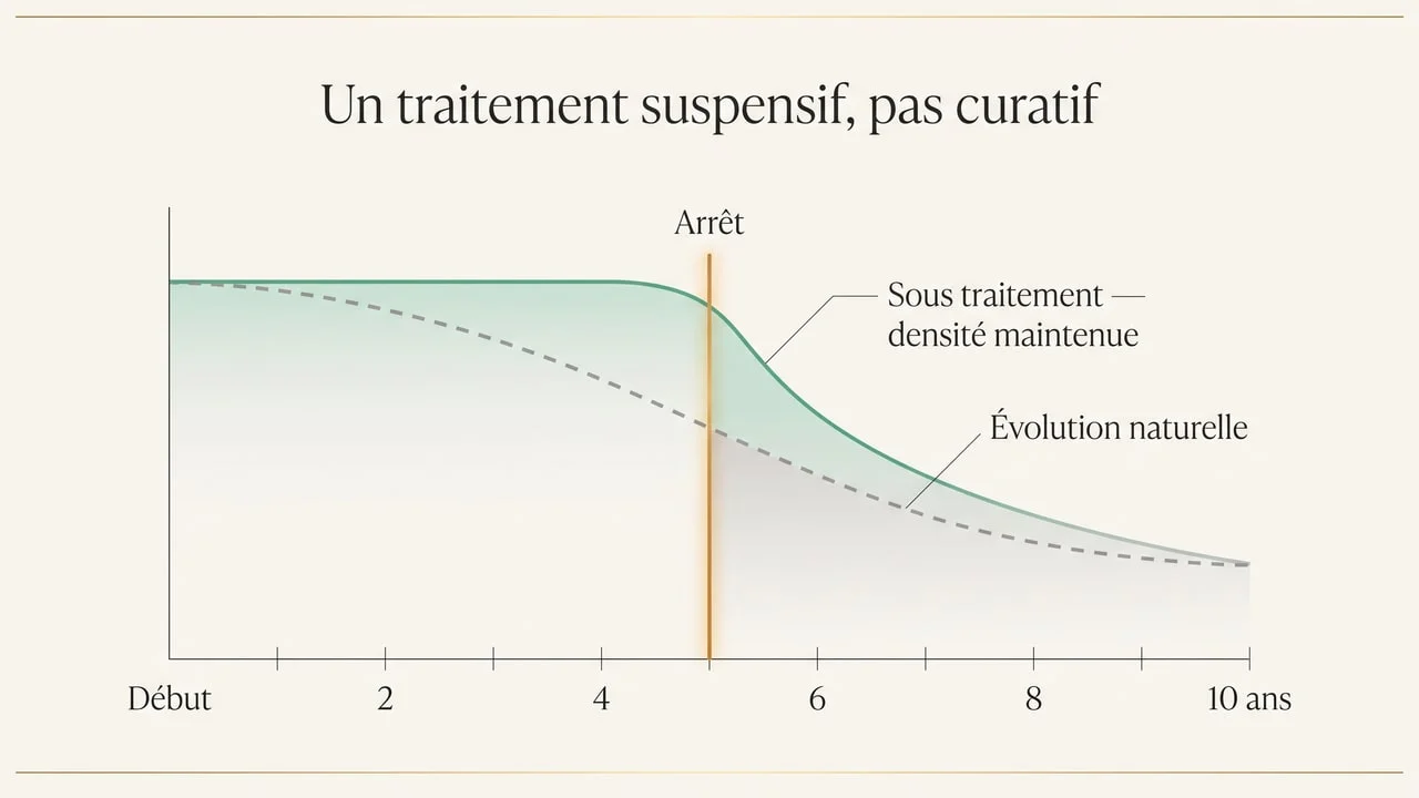 Schéma montrant qu'un traitement de la calvitie est suspensif : la densité se maintient sous traitement, mais à l'arrêt la courbe rejoint celle de l'évolution naturelle