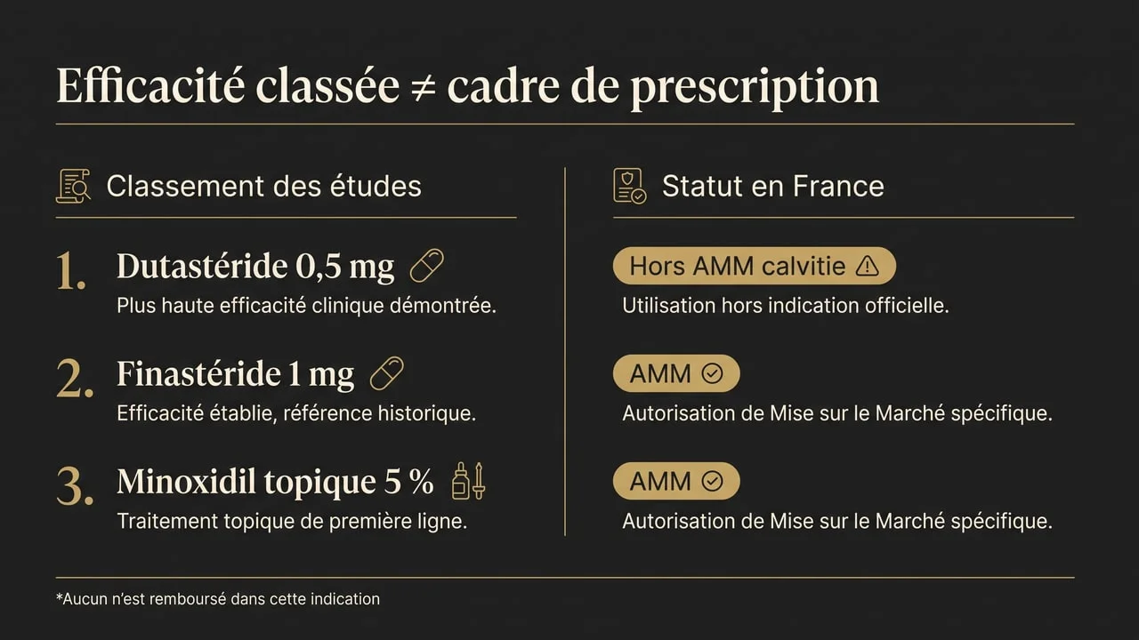 Infographie opposant le classement d'efficacité des traitements de la calvitie — dutastéride, finastéride, minoxidil topique — à leur statut réglementaire en France, où le dutastéride est hors AMM pour cette indication et où aucun n'est remboursé