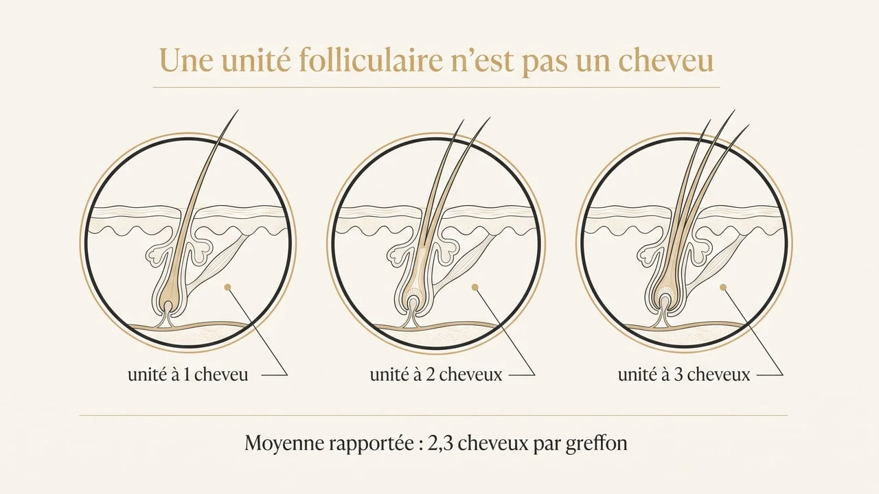 Schéma montrant des unités folliculaires contenant un, deux et trois cheveux, avec la moyenne rapportée de 2,3 cheveux par greffon