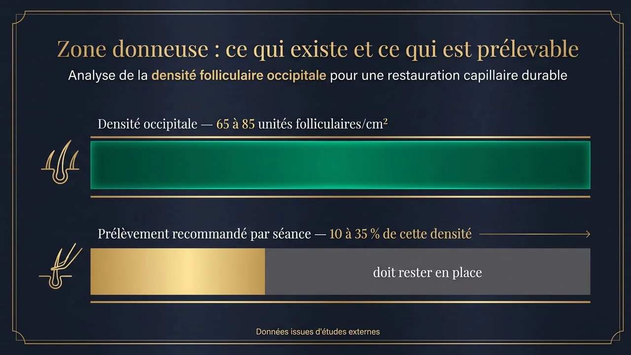 Infographie comparant la densité de la zone donneuse rapportée par la littérature — 65 à 85 unités folliculaires par centimètre carré — et la part prélevable par séance, de 10 à 35 % de cette densité